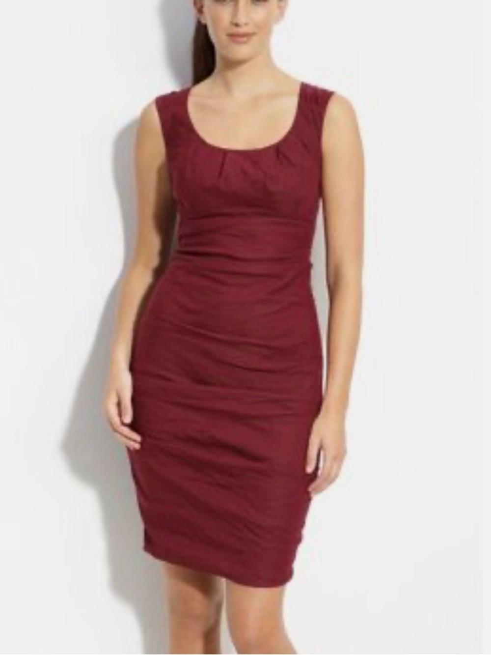 Eileen Fisher burgundy wine ruched sleeveless dress cotton silk sz 10